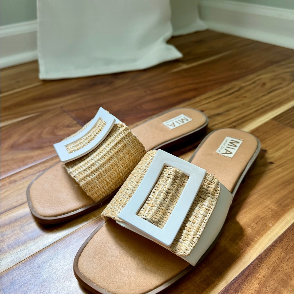 MIA White & Natural Woven Slide Mules with Oversized Buckle